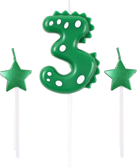 2.75 Inch Green Dinosaur Shaped 3 Number Birthday Candles and Star Birthday Candles,Suitable for Dinosaur Birthday Decorations & Themed Parties Celebration