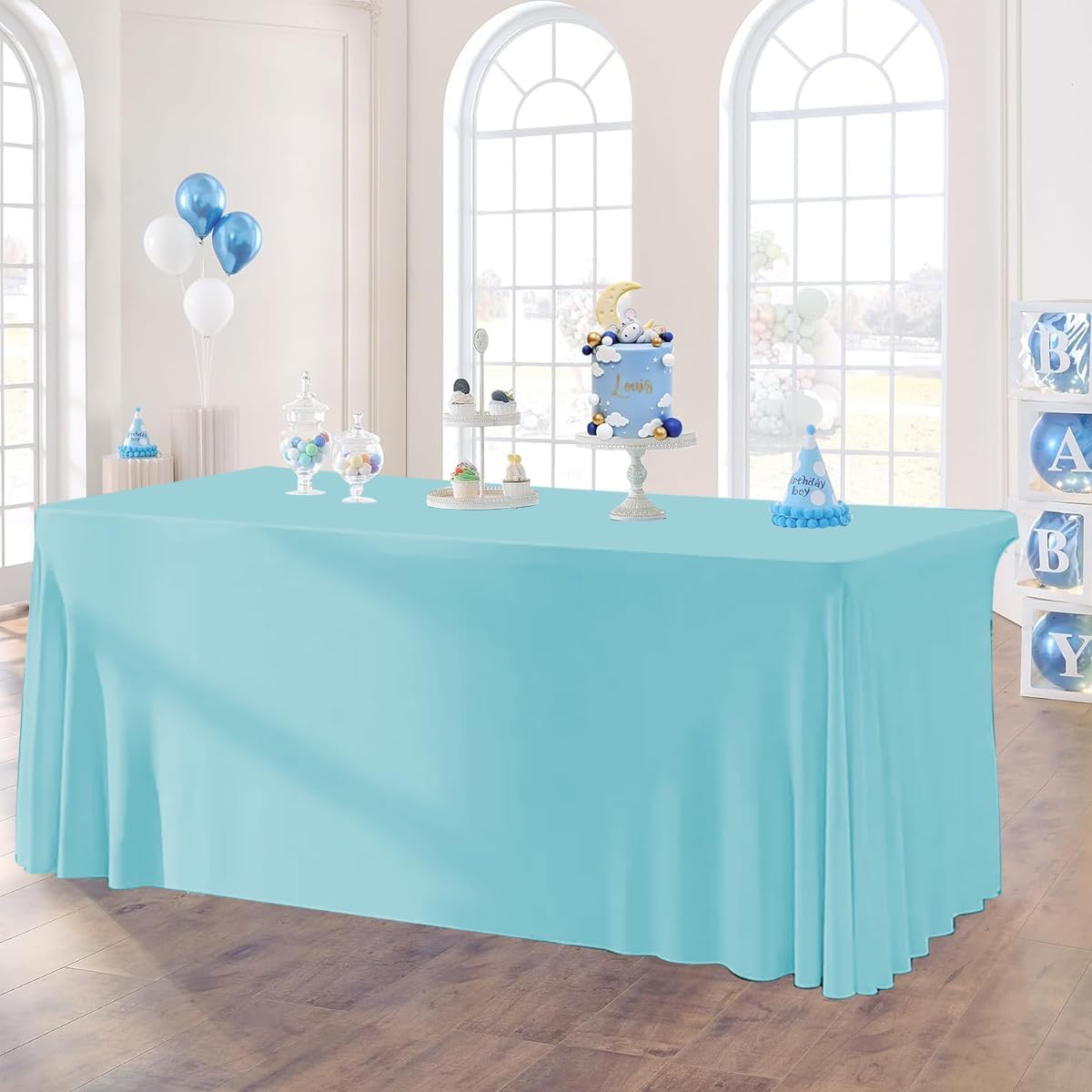 HAORUI Open Back Table Skirts, 4Pack Rectangle Wrinkle Resistant Table Clothes, Ruffles Elastic Table Cover for Banquets, Weddings, Parties (6ft Baby Blue)