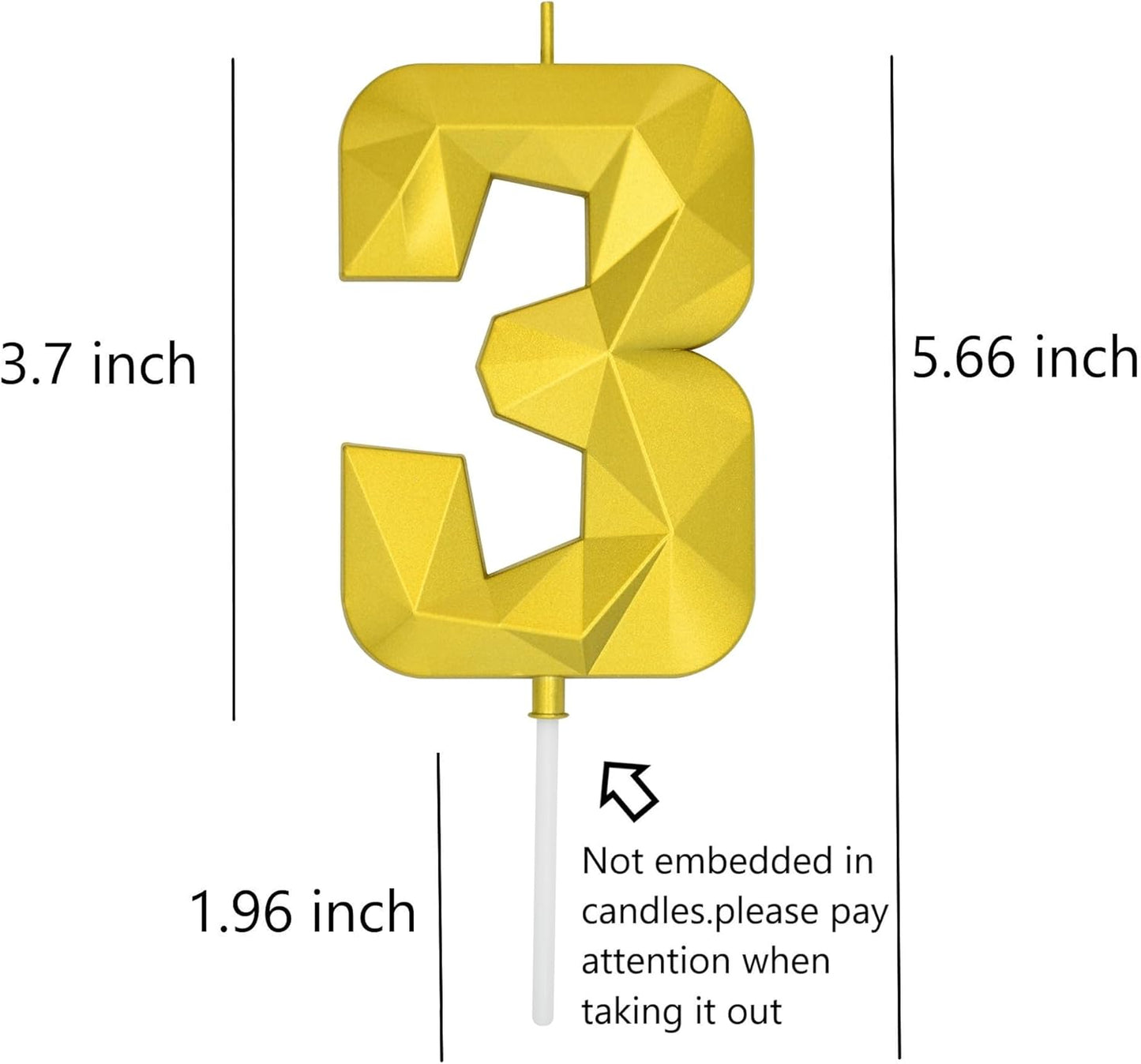 DERVENTA Large Birthday Candle Number 3D Gold 3.7 inch Party Celebration Anniversary Decoration Cake Topper 1 Piece (Number 3 Gold)