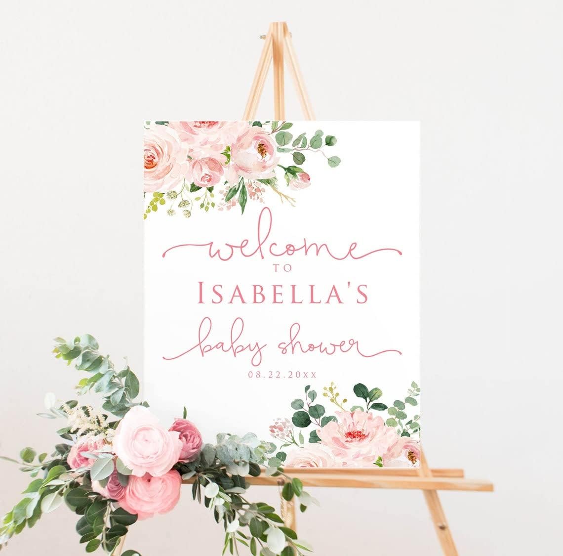 Pink Floral Decorative Signage for Girls' Baby Shower, Personalized Welcome Sign, Plastic, 4mm Thick, Editable Spring Flowers Design, Made in USA