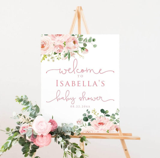 Pink Floral Decorative Signage for Girls' Baby Shower, Personalized Welcome Sign, Plastic, 4mm Thick, Editable Spring Flowers Design, Made in USA