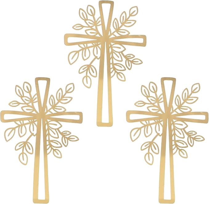3 Pcs Baptism Cake Topper Personalized God Bless Cake Topper with Cross Glitter for Party Decoration Supplies(Gold) (Leaf style)