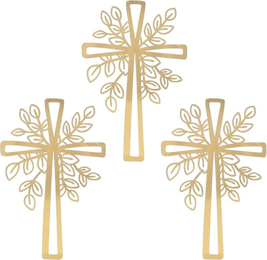 3 Pcs Baptism Cake Topper Personalized God Bless Cake Topper with Cross Glitter for Party Decoration Supplies(Gold) (Leaf style)