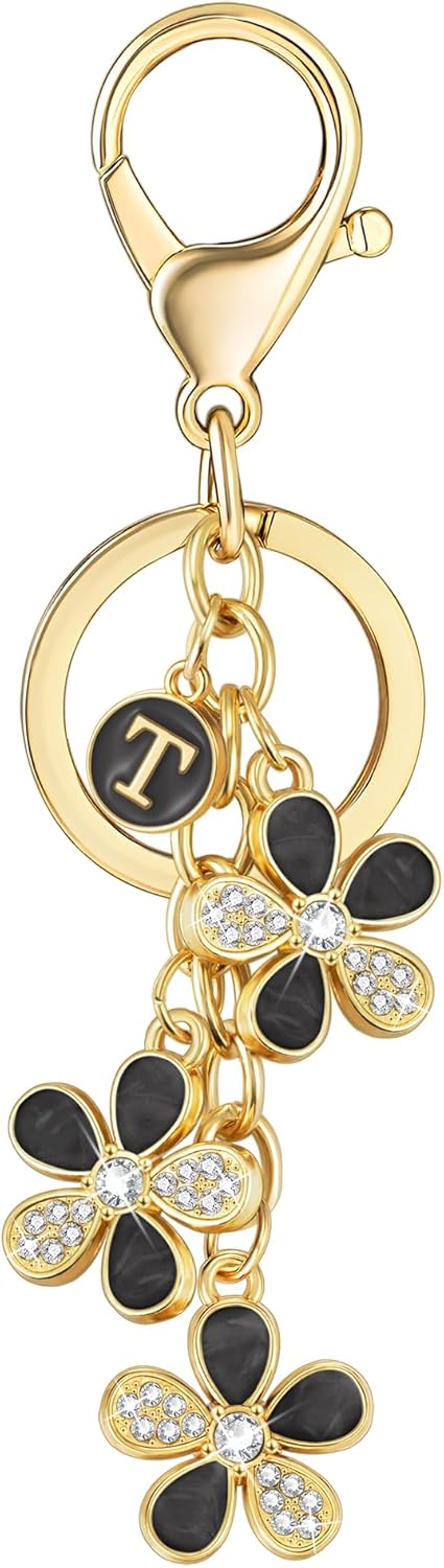 XGALBLA Cute Flower Crystals Rhinestone Initial Letter Keychain for Women, Bag Charms Bling Sparkly Enameled Keychain Handbag