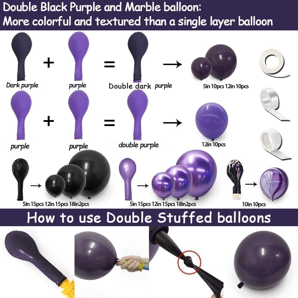 Black Purple Balloon Garland Double Stuffed Latex Dark Purple Black Balloons Arch Kit for Birthday Wednesday Graduation Gothic Vampire Prom Decorations