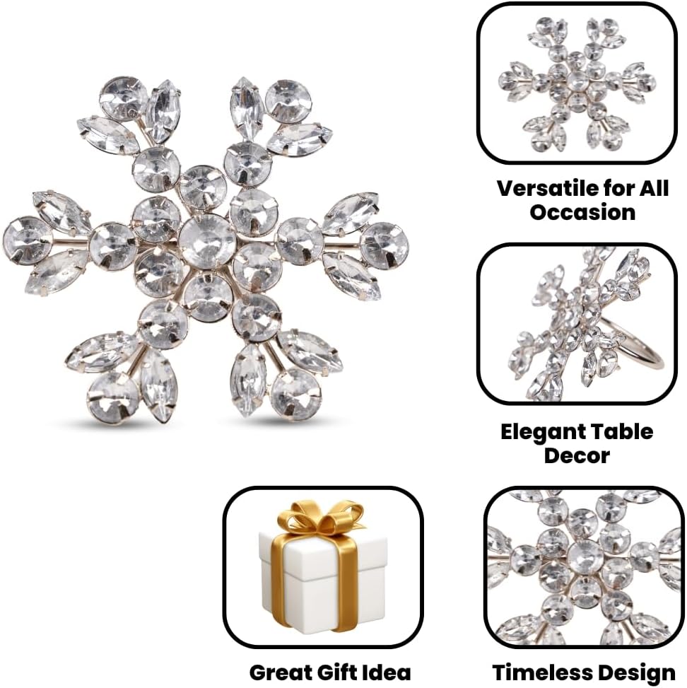Lightnpro Snowflake Design Plastic Stone Beaded Napkin Rings Set of 6 - Beautiful Fancy Elegant Winter Table Decor for Christmas, Weddings, and Holiday Dinners - Silver
