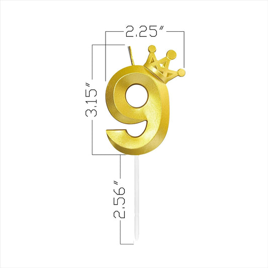 Number 9 Birthday Candle Nine Years Old Happy Birthday Number Candles Cake Topper Decorations 3D Crown (Crown-9, Gold)