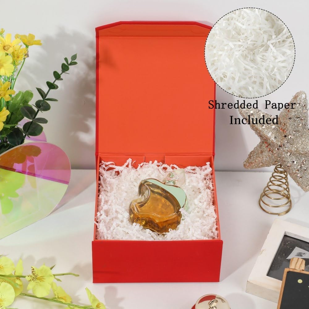 1 Pcs 6x6x3 Inch Red Magnetic Gift Box Small Magnetic Box with Crinkle Paper Red Small Gift Box with Shredded Paper Luxury Gift Boxes with Lids for Presents