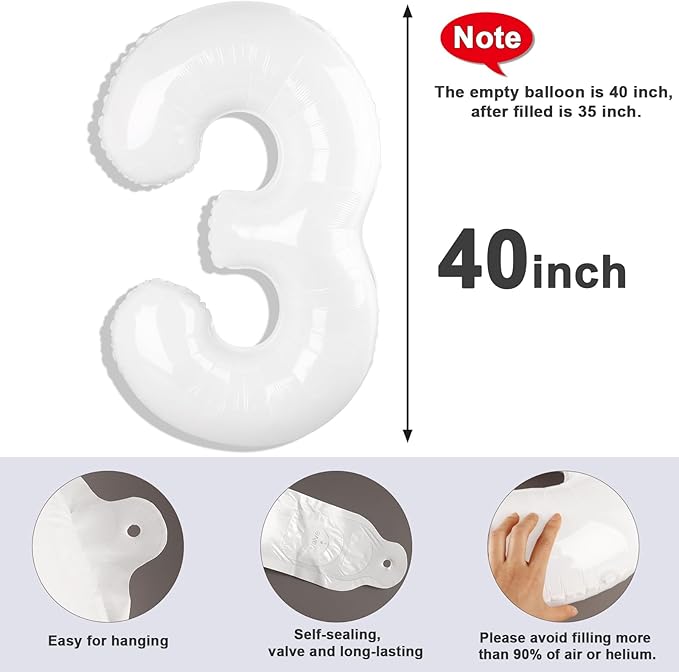 Numbers Balloon 3, 40 Inch Large White Balloon for Three Year Old Birthday Decor, 3 13 30 31 Birthday Party Decorations for Wedding Supplies