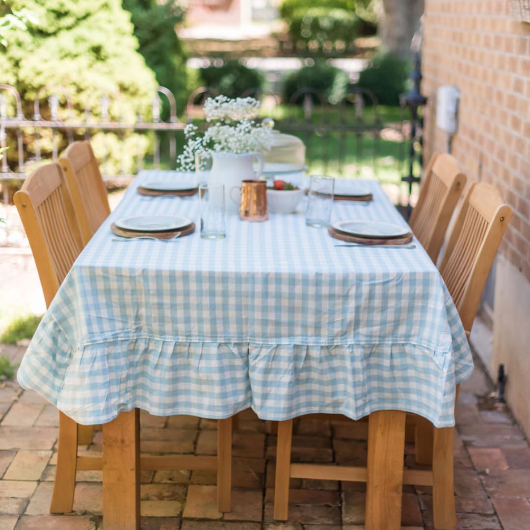 60x90 in Cotton Tablecloth with Ruffled Hem – Rectangular Farmhouse Dining Table Cover for Kitchen, Weddings, Parties, Indoor or Outdoor Picnic and Everyday Decor – Blue Checkered