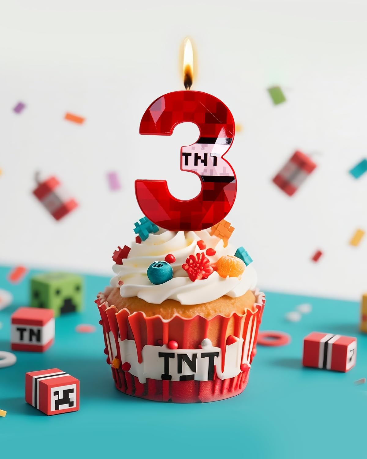 Pixel Birthday Candle, 2.68 Inch Miner Number Candles, Game Themed Candle Birthday Decoration for Pixel Theme Birthday Anniversary Dynamite Video Game Party (Red, 3)