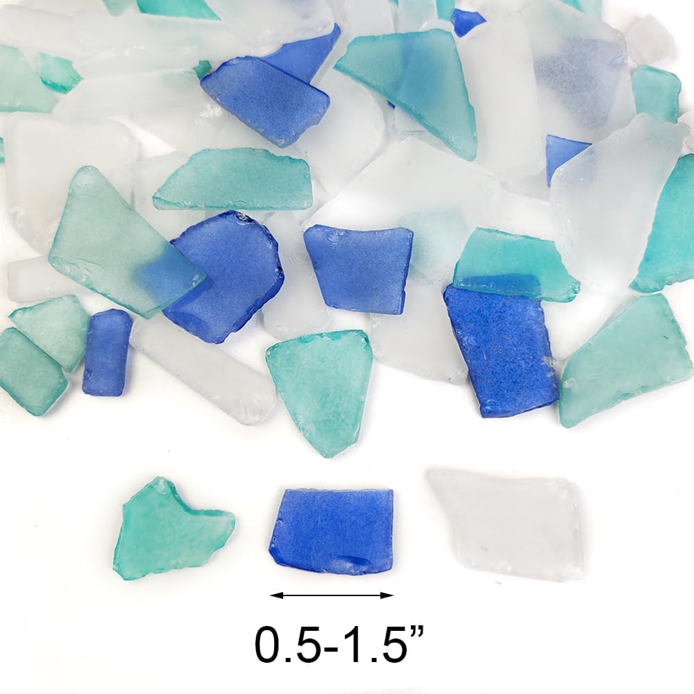 15 OZ Frosted Sea Glass Bulk Tumbled Seaglass Pieces for Crafts,Beach Theme Party Decor Nautical Wedding Decorations,Aquarium Vase Fillers,Mosaic Art,Coastal Home Accents,0.5-1.5 inch,White Blue Mix