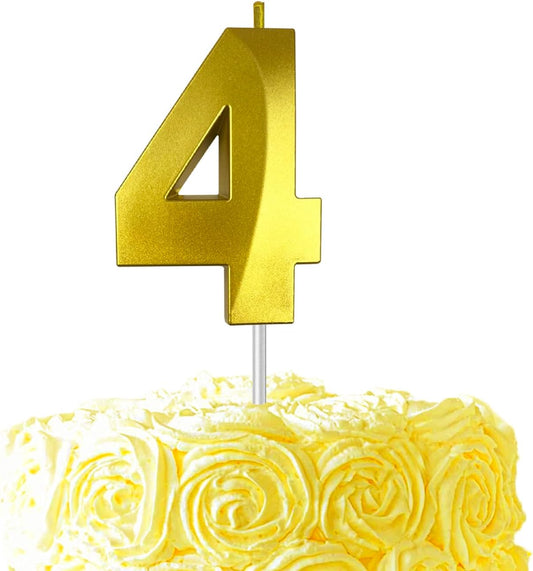 Gold Number 4 Candles, 3D Diamond 2.76 Inch Cake Topper Birthday Candles for Wedding Anniversary Cake Decorations, Happy Birthday Party Decorations