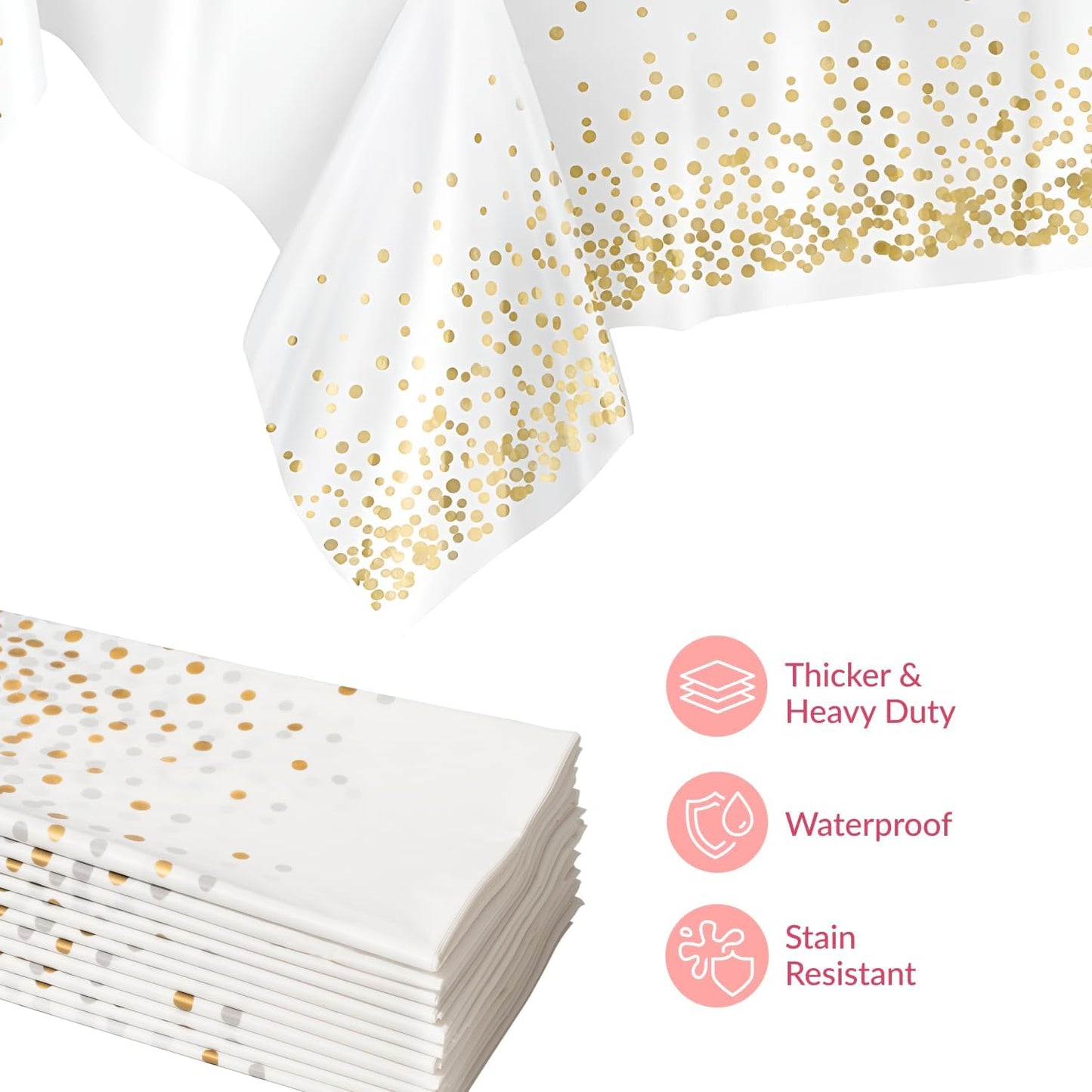 Prestee 12-Pack Disposable Tablecloth - Table Cover White and Gold Polka Dot Rectangular, 54x108 Inches - Waterproof, Stain-Resistant Party Table Covers for Weddings, BBQs, Birthdays, and Events