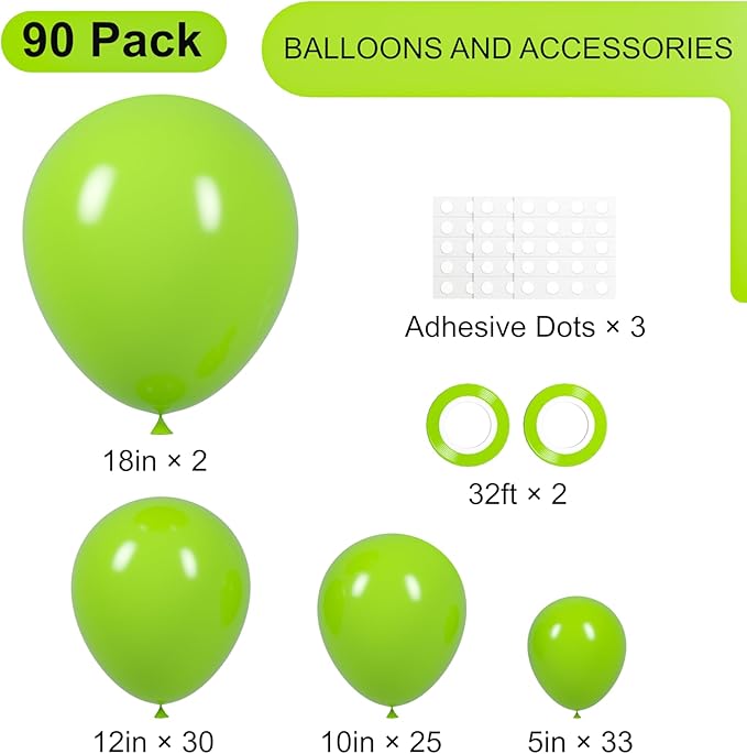 90pack Lime Green Balloons Different Size 18/12/10/5 Inch Lime Green Balloon Garland Arch Kit for Graduation, Wedding, Birthday, Christmas, Baby Shower, Anniversary Party Decorations