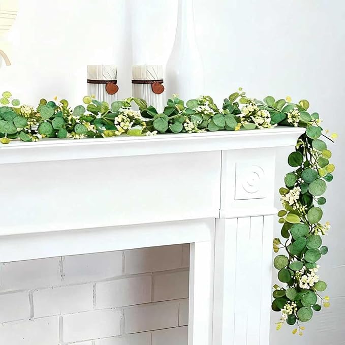 Artificial Eucalyptus Garland 5.9 Ft Faux Silk Leaf Silver Dollar Eucalyptus Leaves Vines Garland Greenery Wedding Backdrop Party Table Runner Room Mantle Indoor Outdoor Arch Wall Decoration (2PCS)