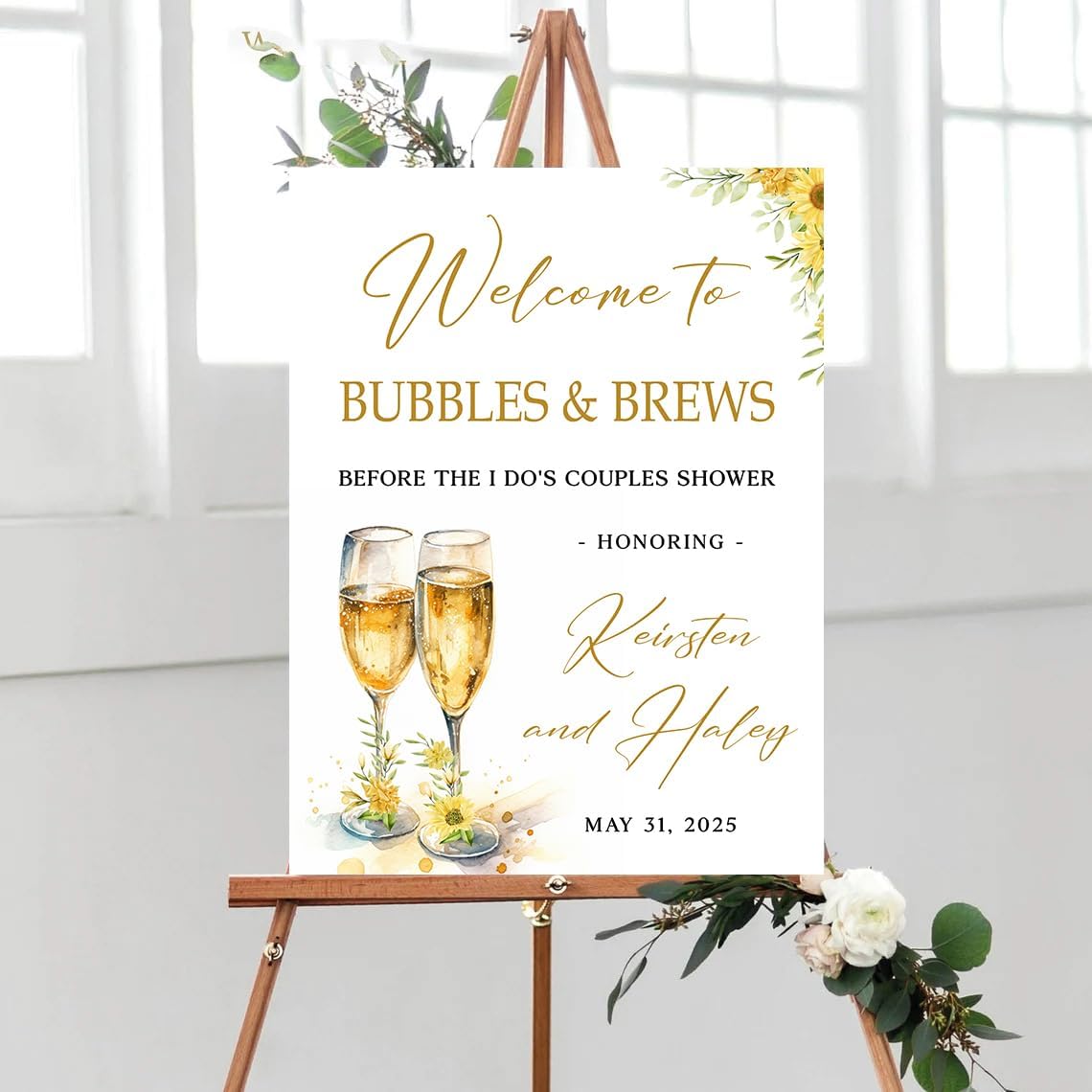 Personalized Greenery Eucalyptus Bubbles and Brews Couples Shower Welcome Sign, Gold Modern Minimalist Wedding Shower Bridal Party Decoration, Outdoor Plastic Sign Weatherproof #12