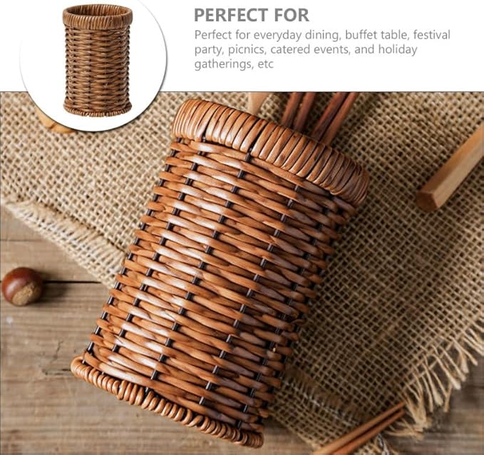 Cabilock Woven Cutlery Holder Utensil Organizer Basket for Kitchen Countertop Tabletop Storage 6.14X4.09X4.09 Inch Lightweight Portable Chopstick Tube for Dining Buffet Party