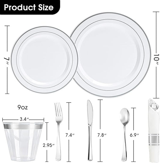 350PCS Silver Plastic Plates Dinnerware Set, Thanksgiving Disposable Plates, 50 Dinner and 50 Dessert Plates, 50 Pre Rolled Napkins with Silverware and 50 Cups for Party and Wedding