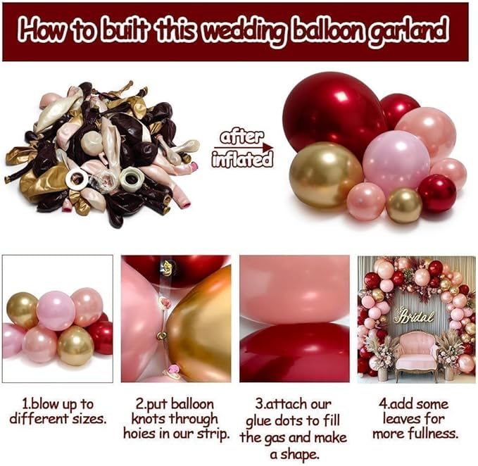 Burgundy Pink Balloon Arch Kit, Double Stuffed Ruby Red Pearl Pink Gold Balloon Garland Wine Red Maroon Balloons for Mother's Day Wedding Engagement Bridal Shower Birthday Graduation Party Decor