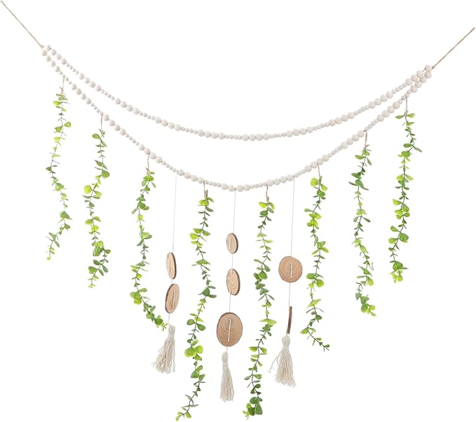 PRETYZOOM Macrame Hanging Photo Display Wooden Beads Elegant Wall Decor for Living Room Farmhouse Beaded Garland for Photos Easy to Install Eucalyptus Leaf Design Boho Aesthetic Home