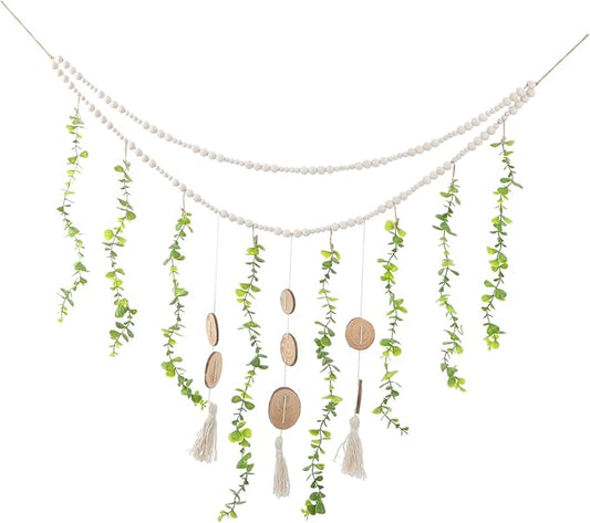 PRETYZOOM Macrame Hanging Photo Display Wooden Beads Elegant Wall Decor for Living Room Farmhouse Beaded Garland for Photos Easy to Install Eucalyptus Leaf Design Boho Aesthetic Home