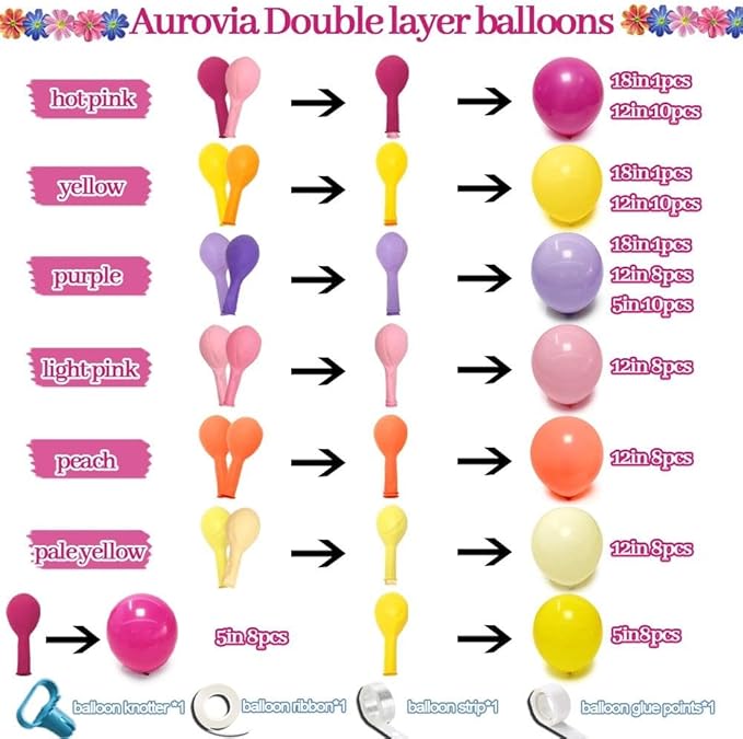 Hot Pink Purple Balloon Arch Double Stuffed Balloons with Cosmos Artificial Flowers Eucalyptus Leaves Pastel Yellow Peach Magenta Latex Garland for Wildflower Birthday Baby Shower Wedding Party Decor