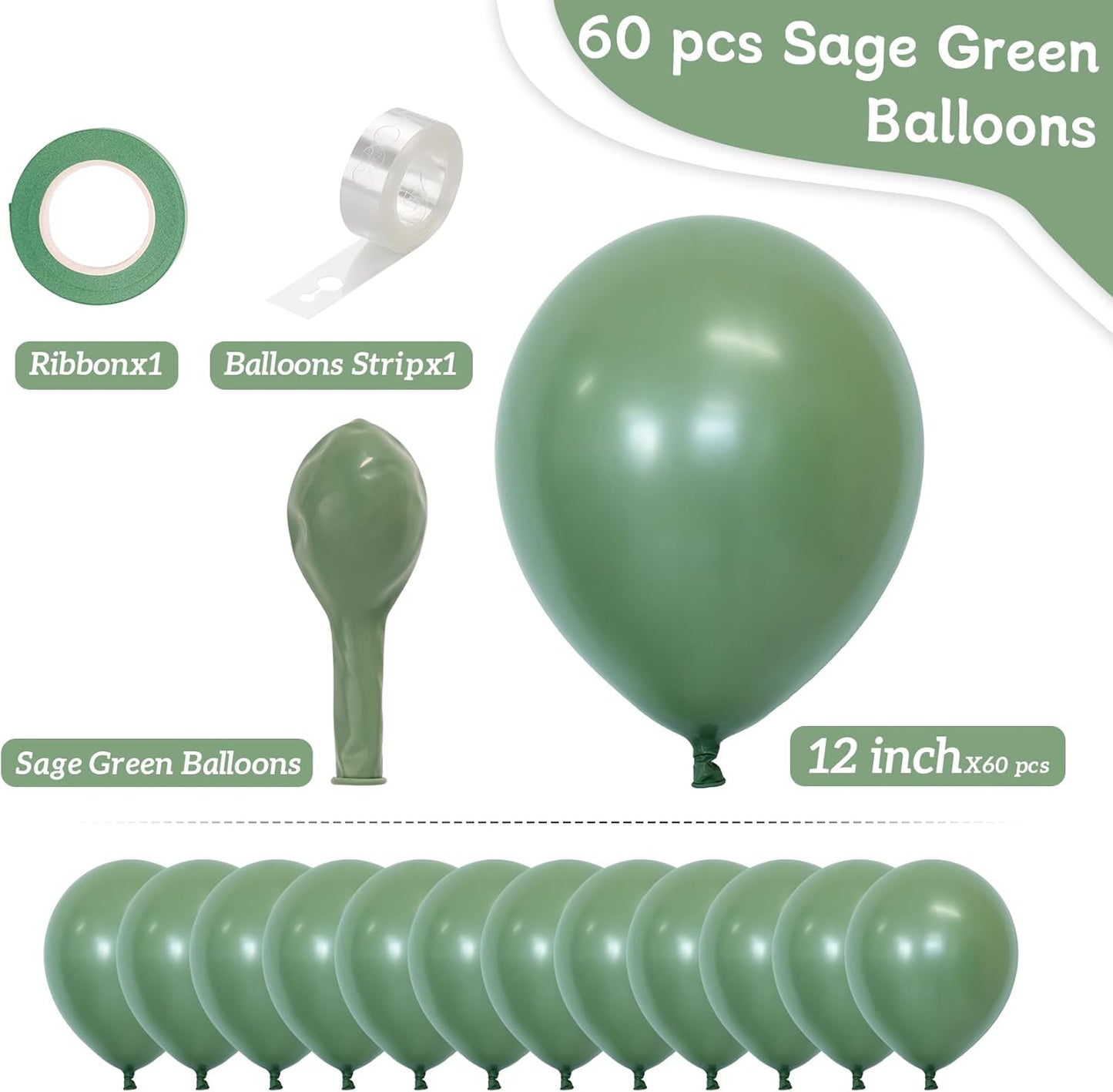 Sage Green Balloons, 60 pcs 12 Inch Thickened Latex Balloons for Birthday Party Decoration, Wedding, Baby Shower, Anniversary, Themed Parties Decorations and Balloon Garlands