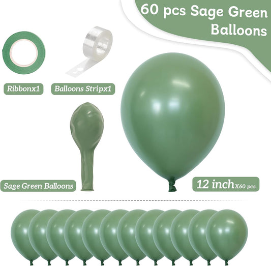 Sage Green Balloons, 60 pcs 12 Inch Thickened Latex Balloons for Birthday Party Decoration, Wedding, Baby Shower, Anniversary, Themed Parties Decorations and Balloon Garlands