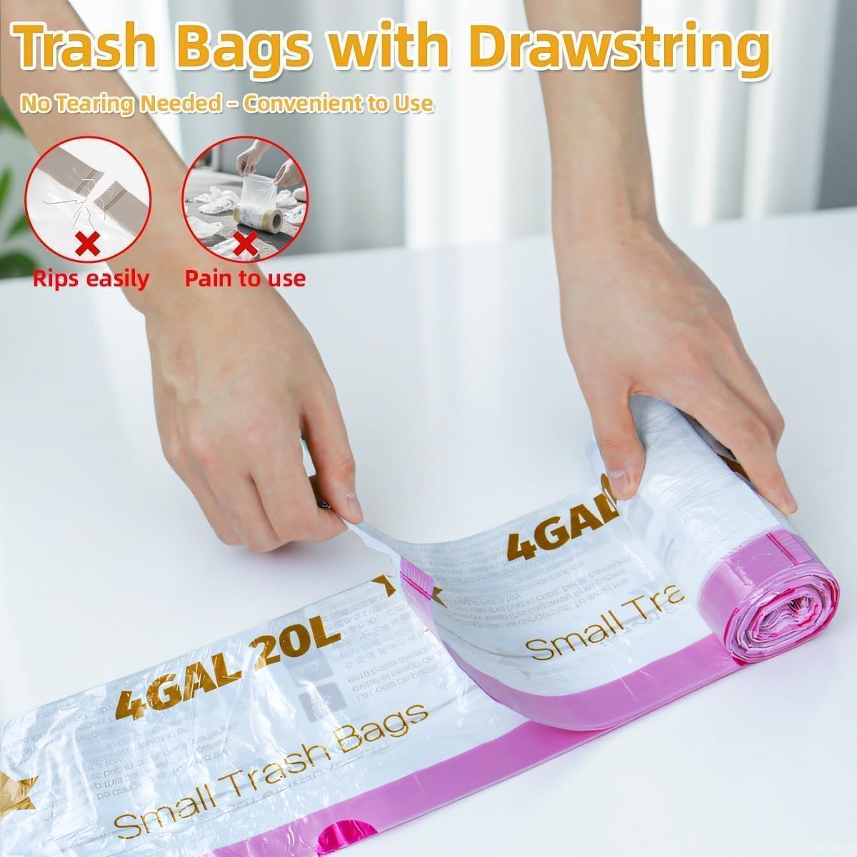 OKKEAI 4 Gallon Small Bathroom Trash Bags, White Drawstring Garbage Bags 60 Count – Heavy Duty Leak-Proof Tear-Free Wastebasket Liners with Safety Warning for Bathroom, Kitchen, Bedroom, Office