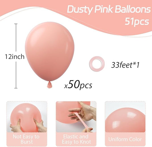 Dusty Pink Balloons 12 inch, Dusty Rose Latex Balloons 50pcs Party Balloon for Boho Wedding Baby Shower Gender Reveal Birthday Party Decorations