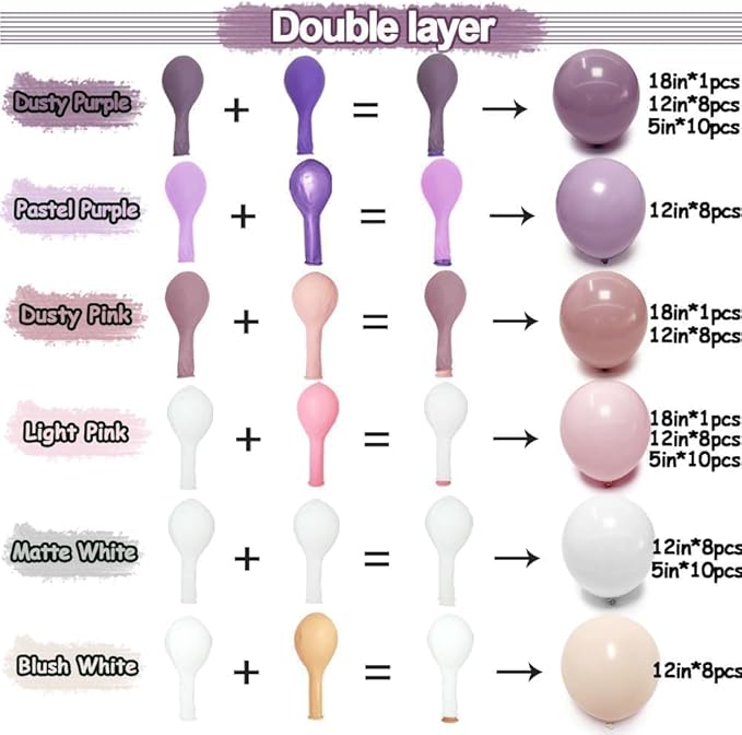 Purple Pink Balloon Arch Kit, Double Stuffed Pastel Pink Lavender White Beige Balloon Garland Dusty Light Lilac Cream Balloons for Birthday Baby Shower Wedding Butterfly Flower Mothers Day Party Decor