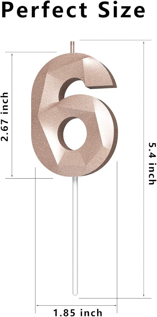 Number Birthday Candles(6 Candle Rose Gold) 3D Diamond Shape Number Happy Birthday Cake Candles for Birthday Party Wedding Decoration Reunions Theme Party
