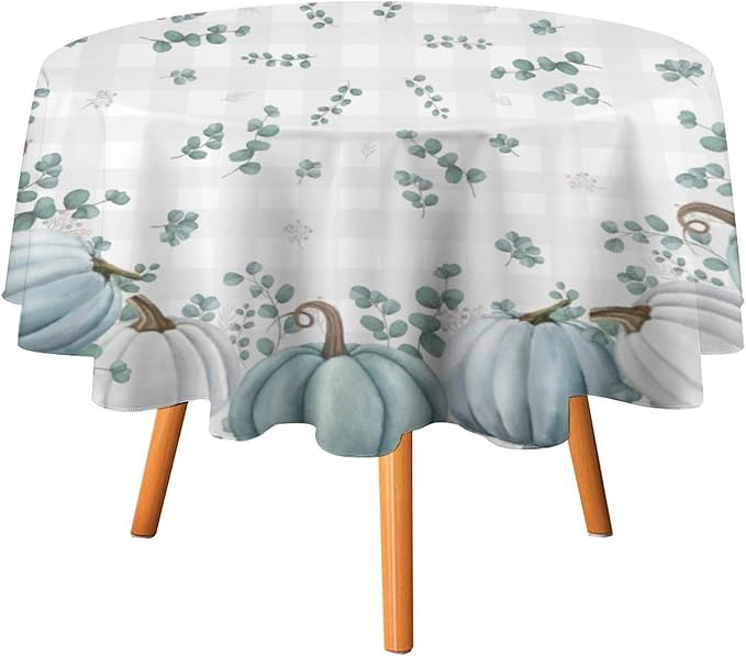 YCness Thanksgiving Pumpkin Tablecloth, Watercolor Eucalyptus Leaves Autumn Harvest Fall Watercolor Blue Gray Grid Table Cover for Party Picnic Dinner Kitchen 70x70 Inch Round