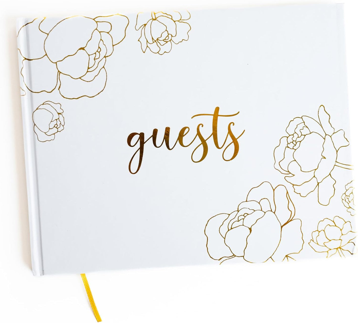 GSM Brands Wedding Guest Book, Simple Flower Bloom Line Art, 9 x 7 60 Lined Guestbook Pages, Elegant Gold Foil Embossed Design with Gold Page Edges