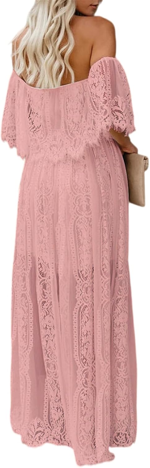 HOYISHION Women's Off The Shoulder Floral Lace Maxi Dress White Bridesmaid Wedding Party Maternity Photoshoot Long Dresses