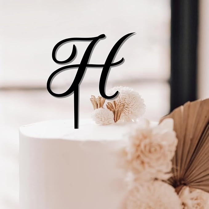 Custom Initials Letter H Cake Toppers Black Acrylic Happy Birthday Cake Toppers Letters Bride Shower Wedding Cake Decoration Rustic Couple Cake Topper for Anniversary Engagement Gifts