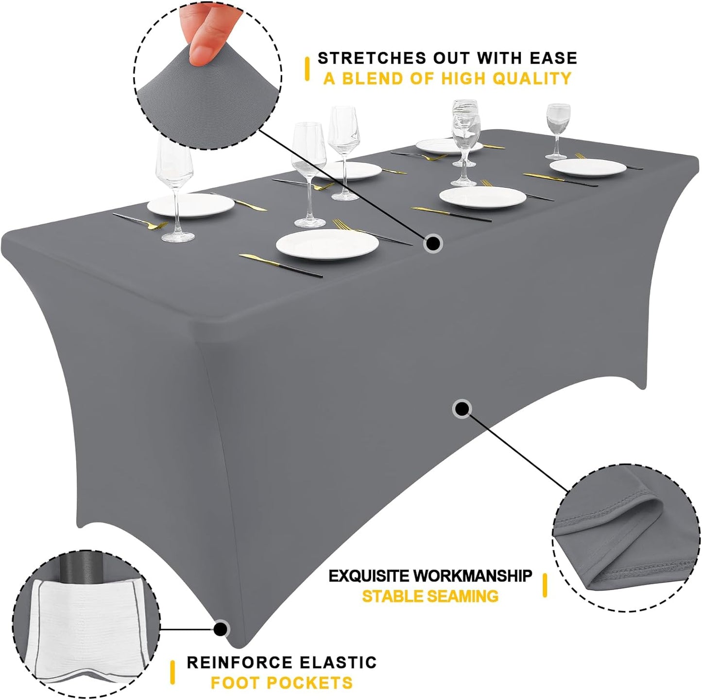 Smiry 2 Pack Spandex Table Cloth 6FT, Elastic Fitted Stretch Tablecloths, Washable and Wrinkle Free Rectangular Patio Table Cover for Outdoor, Wedding, Banquet & Parties (Grey, 72Lx30Wx30H Inch)