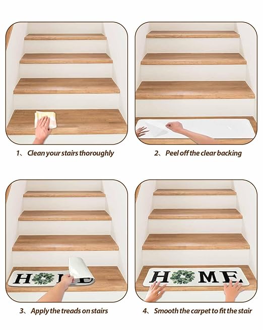 Non Slip Stair Treads for Wooden Steps Home Green Eucalyptus Leaves Garland Carpet Indoor Stair Runners, Retro Linen Step Tread Rugs Adhesive Staircase Mats for Elders, Pets,8"x30",7Pack