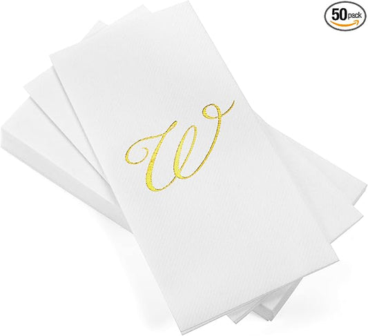 AH AMERICAN HOMESTEAD Disposable Hand Towels for Bathroom 50 Count - Guest Bathroom Essentials -Bathroom Paper Towels - Monogrammed Disposable Napkins - Wedding Napkins in Paper Towel Tray (Gold, W)