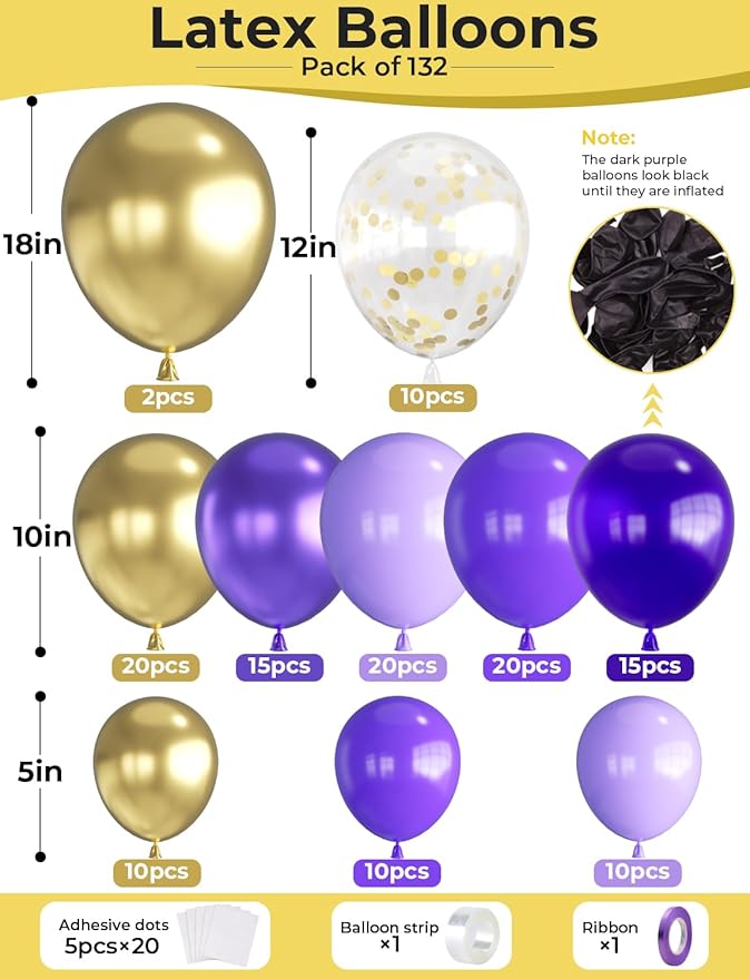 Purple and Gold Balloon Arch Kit, 132Pcs Mothers Day Balloon Arch Kit, Multi-Size Purple Gold Confetti Balloons, Party Balloons for Mothers Day Decorations, Bridal Shower, Birthday, Wedding Backdrop