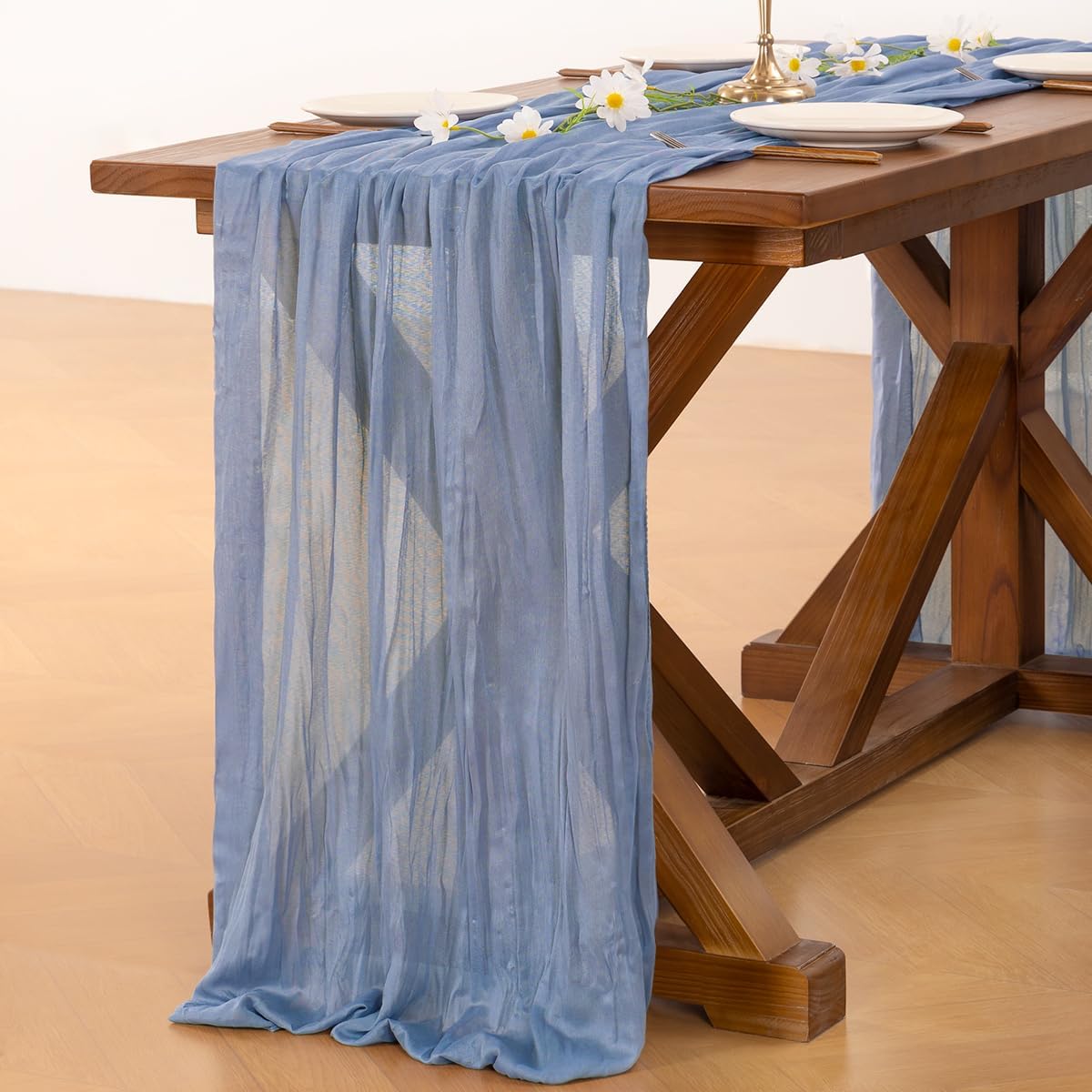 Socomi 3pcs Dusty Blue Fall Thanksgiving Cheesecloth Table Runner Boho Rustic Gauze 120 inch 10FT Cheese Cloth Runner for Wedding Party Baby Shower Birthday Home Decor Holiday Decorations