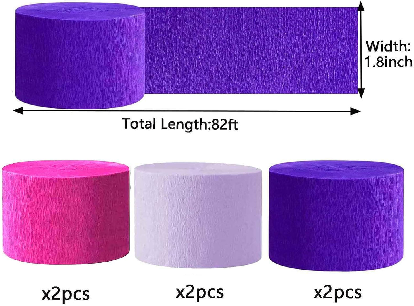 We Moment Hot Pink & Purple Crepe Paper Streamers - 1.8 Inch Widening, 6 Rolls, 83 Feet per Roll for Birthday & Wedding Parties