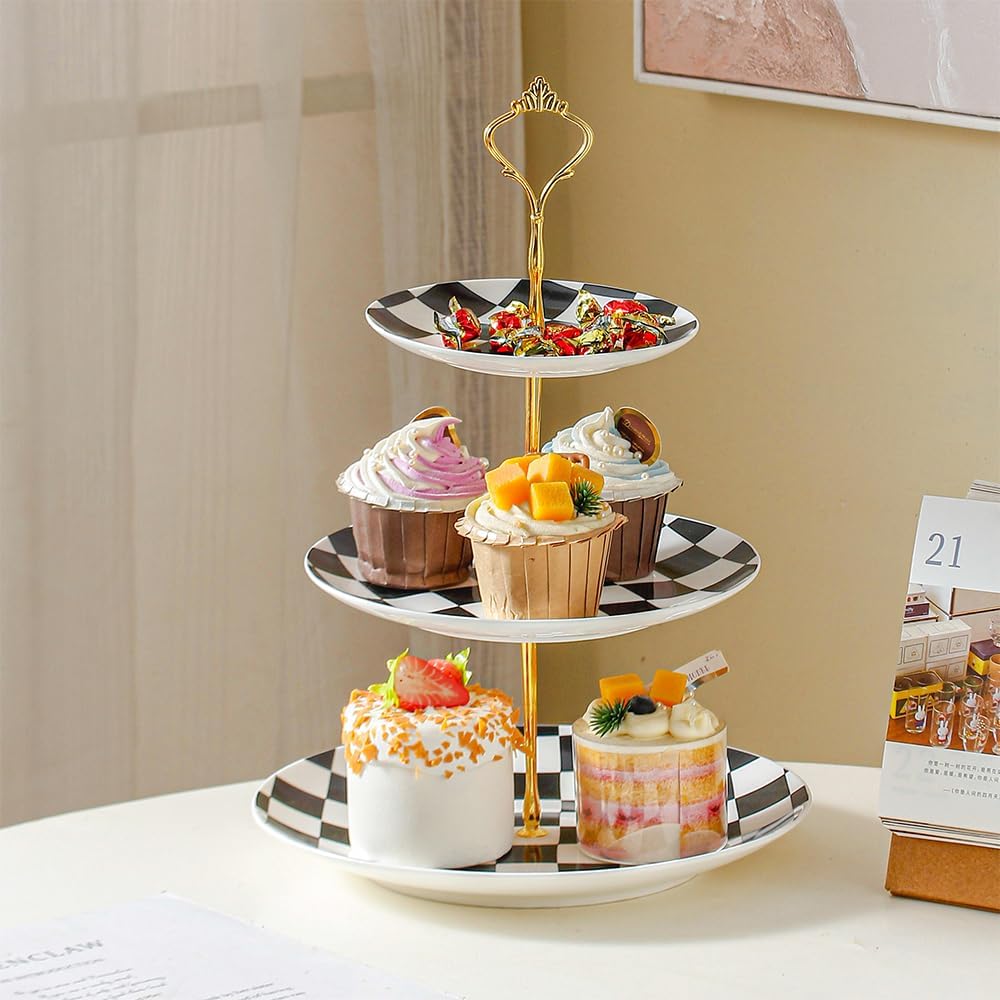 3 Tier Checked Ceramic Cupcake Stand, Tiered Serving Cake Stand, Embossed Dessert Stand, Weddings Parties Pastry Serving Tray (Black)