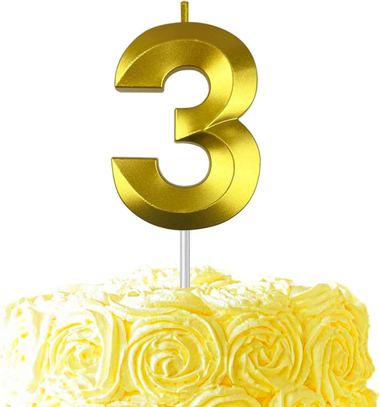 Gold Number 3 Candles, 3D Diamond 2.76 Inch Cake Topper Birthday Candles for Wedding Anniversary Cake Decorations, Happy Birthday Party Decorations