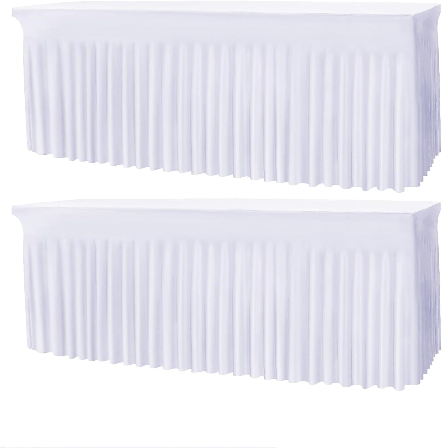 Table Skirts for 8ft Rectangle Tables - 2PCS White Table Covers for 8 Foot Tables, Wrinkle Resistant Ruffles Elastic Table Cloths and Table Skirt for Banquets/Weddings/Parties/Birthday