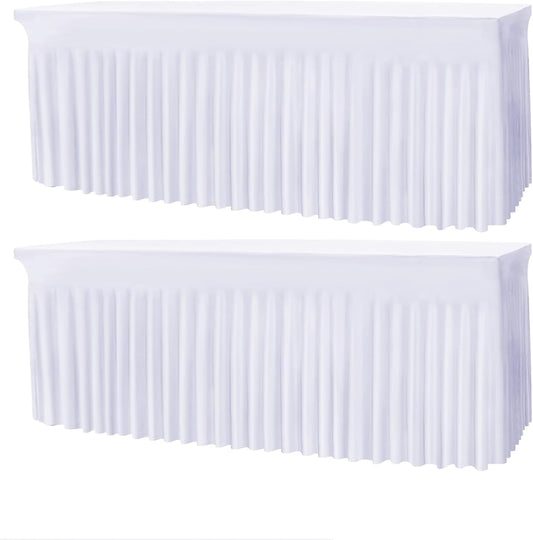 Table Skirts for 8ft Rectangle Tables - 2PCS White Table Covers for 8 Foot Tables, Wrinkle Resistant Ruffles Elastic Table Cloths and Table Skirt for Banquets/Weddings/Parties/Birthday