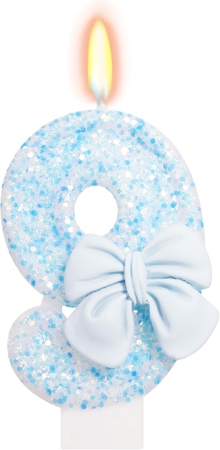Birthday Candle for Cake, Blue Bow Number Candles, 2.76 inch Number, Cake Topper Decoration for Birthday Party (Number 9)