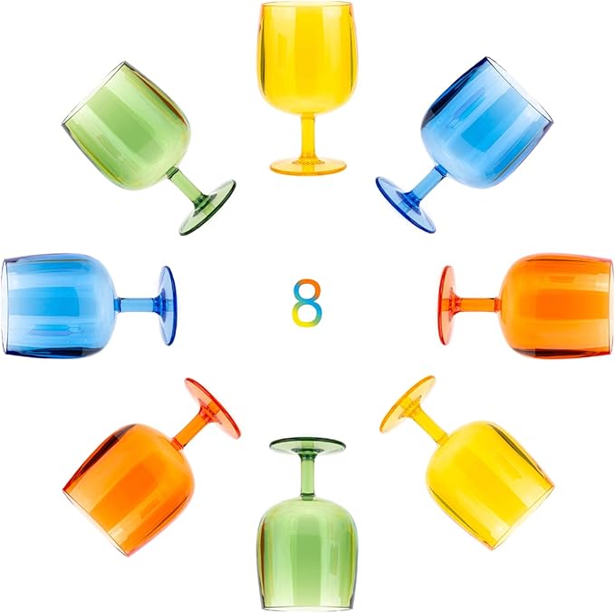 Classic Stackable 12 ounce Plastic Wine Stems Acrylic Glasses, set of 8 Multicolor