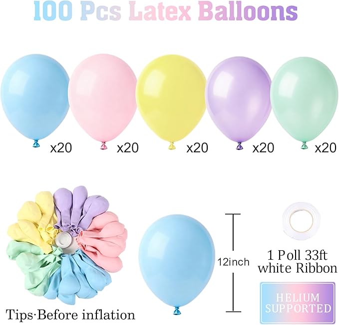 Patimate Pastel Balloons 100 Pack 12 Inch Round Macaron Color Balloons Latex Party Balloons for Birthday Baby Shower Rainbow Bridal Shower Wedding Easter Party Decorations